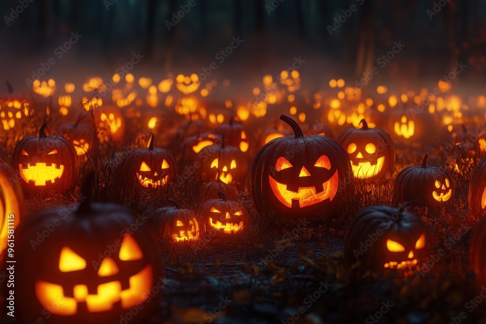 A Field of Lit Jack-o'-Lanterns in a Dark Forest A Field of Lit Jack-o'-Lanterns in a Dark Forest