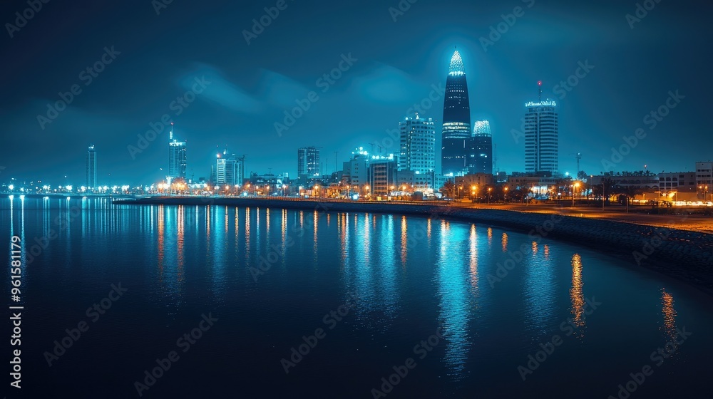 Naklejka premium A serene night scene of Manama, Bahrain, with the city's lights glowing across Bahrain Bay, creating a tranquil and picturesque view.