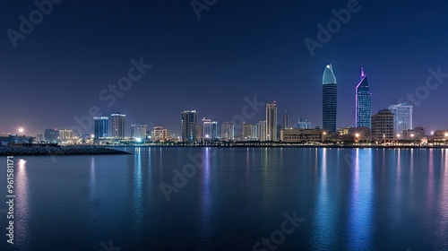 A serene night shot of Manama with the Four Seasons and Hilton Hotels glowing brightly, capturing the city's luxurious atmosphere.