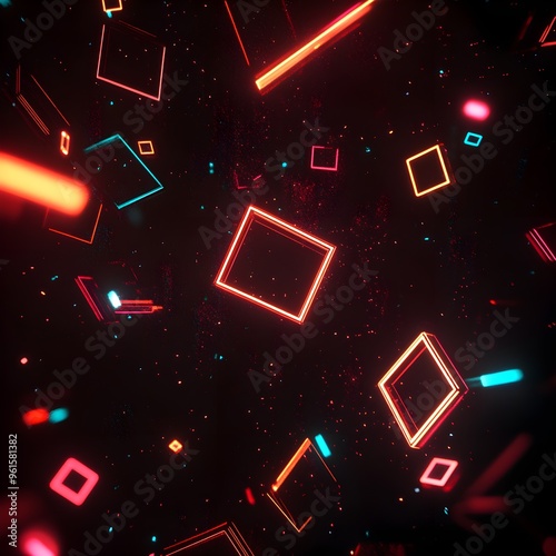 Abstract glowing geometric shapes floating in a dark space, futuristic glowtime design, cutting-edge and creative, perfect for tech-related visuals. photo