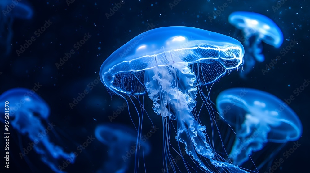 Glowing jellyfish in deep blue ocean, illuminating their surroundings, underwater glowtime, captivating and surreal marine life. Glowing jellyfish in deep blue ocean, illuminating their surroundings, underwater glowtime, captivating and surreal marine life.