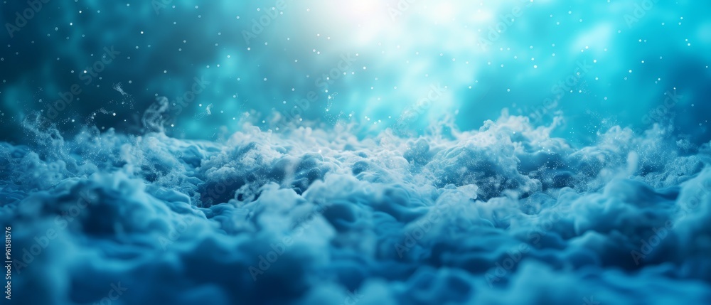 A blue backdrop with white clouds, a radiant light centrally, and stars populating the night sky A blue backdrop with white clouds, a radiant light centrally, and stars populating the night sky