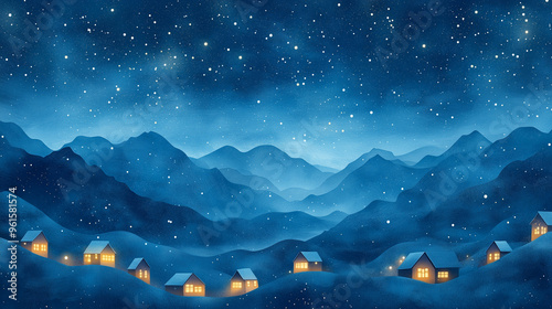 abstract christmas night landscape with little village in the mountains