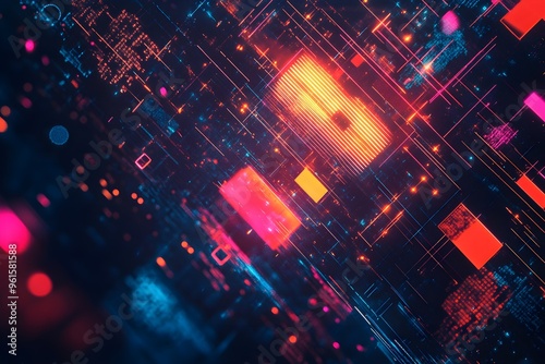 A colorful, abstract image of a cityscape with many different shapes and colors