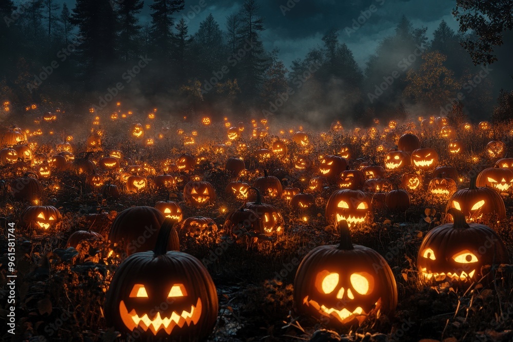 Jack-o'-Lanterns Illuminate a Foggy Forest at Night Jack-o'-Lanterns Illuminate a Foggy Forest at Night