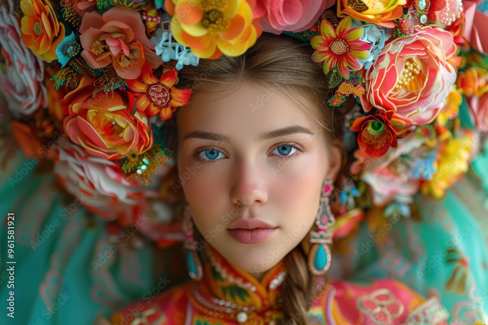 Elegant contestants showcase vibrant floral headdresses in a colorful beauty pageant Elegant contestants showcase vibrant floral headdresses in a colorful beauty pageant