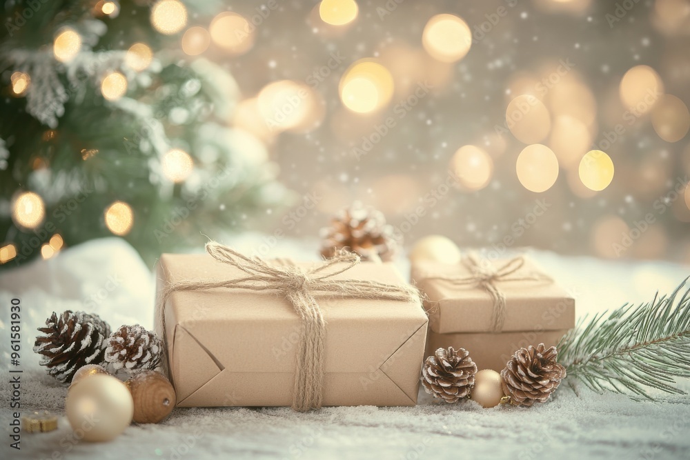 A minimalistic and rustic Christmas scene featuring gifts A minimalistic and rustic Christmas scene featuring gifts