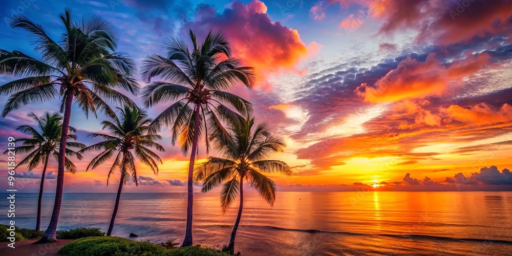 Obraz premium Vibrant sunset over ocean with palm trees creating a serene tropical scene