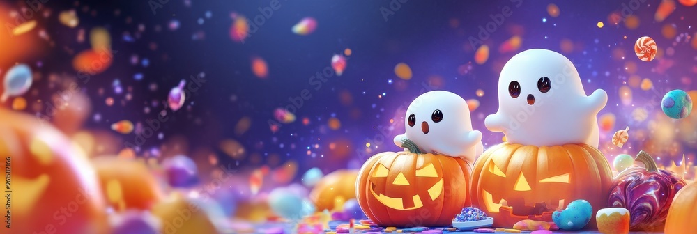 Two Friendly Ghosts Perched on Jack-O-Lanterns with Candy Scattered Around Two Friendly Ghosts Perched on Jack-O-Lanterns with Candy Scattered Around
