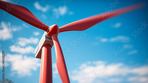 Red wind turbine against a bright blue sky photo