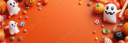 Orange Background with Pumpkins, Ghosts, and Candy