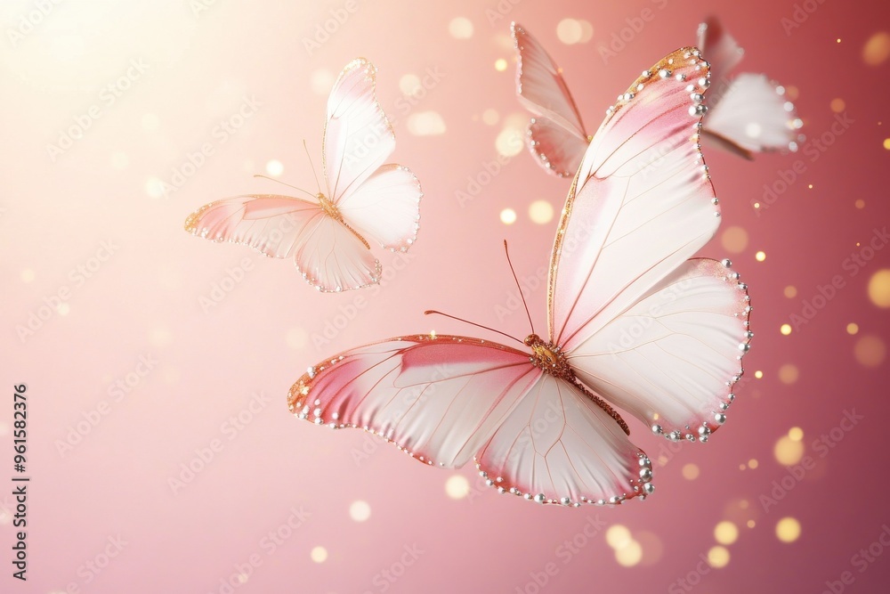 Elegant 3D pink and white butterflies with delicate wings adorned with pearls against a soft pink background Elegant 3D pink and white butterflies with delicate wings adorned with pearls against a soft pink background