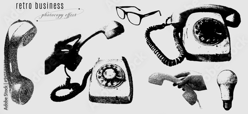 Retro business-themed collage with grainy photocopy texture, featuring vintage rotary phones, glasses, and lightbulb, creating a nostalgic, minimalist aesthetic. Vector illustration