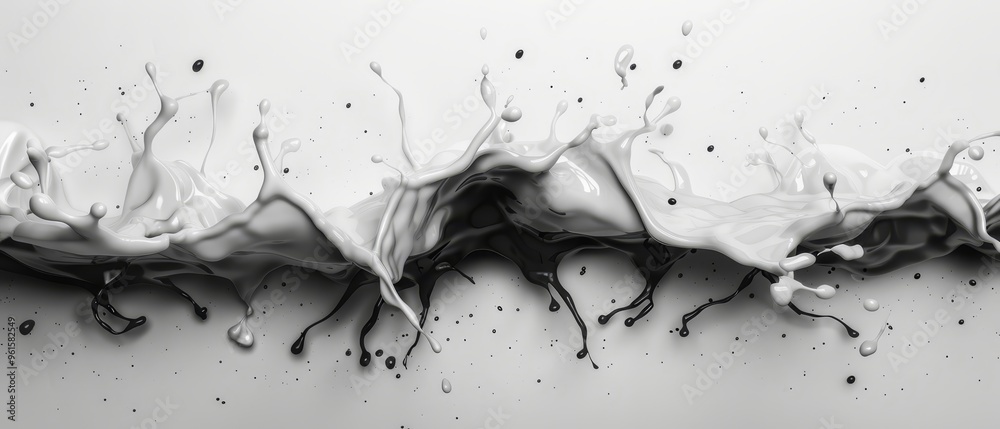 A monochrome image of milk cascading down a pristine white wall, adorned with droplets A monochrome image of milk cascading down a pristine white wall, adorned with droplets