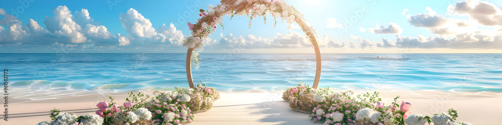 Obraz premium stunning beach wedding altar adorned with tropical flowers and palm leaves in the background