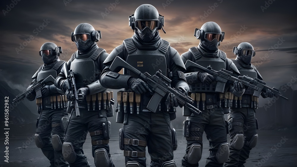 Naklejka premium A group of police officers with guns on their uniforms.