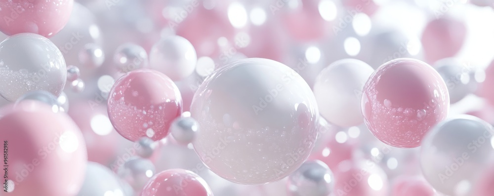 3D render of abstract background featuring floating pink and white spheres with a soft, dreamy atmosphere 3D render of abstract background featuring floating pink and white spheres with a soft, dreamy atmosphere