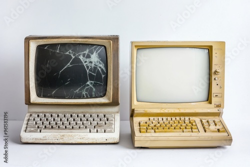 A pair of old, vintage computer monitors with yellowed plastic casings and chunky keyboards