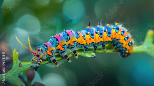 A brightly colored caterpillar against a blurred background, highlighting its vivid appearance