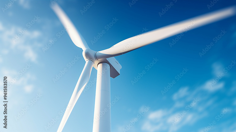 White wind turbine spinning under a clear blue sky White wind turbine spinning under a clear blue sky