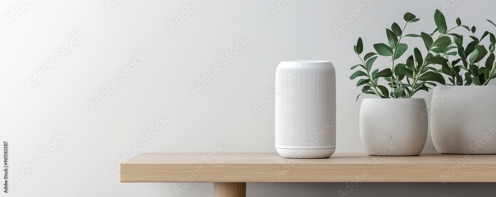 A futuristic AI assistant device on a sleek shelf in a modern living room A futuristic AI assistant device on a sleek shelf in a modern living room