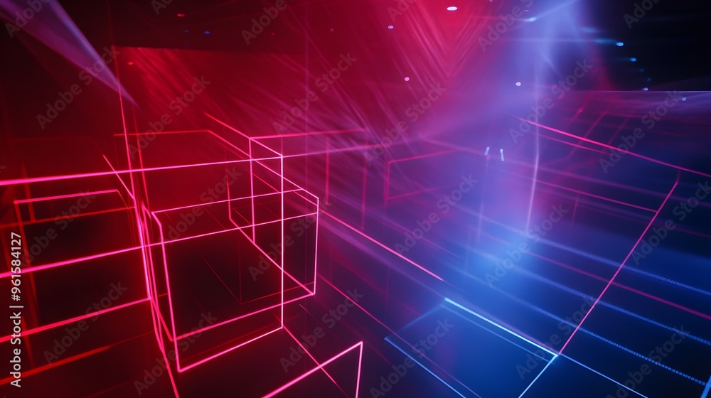 Laser grid lights forming a 3D cube, intense red and blue colors, high-tech futuristic stage design Laser grid lights forming a 3D cube, intense red and blue colors, high-tech futuristic stage design