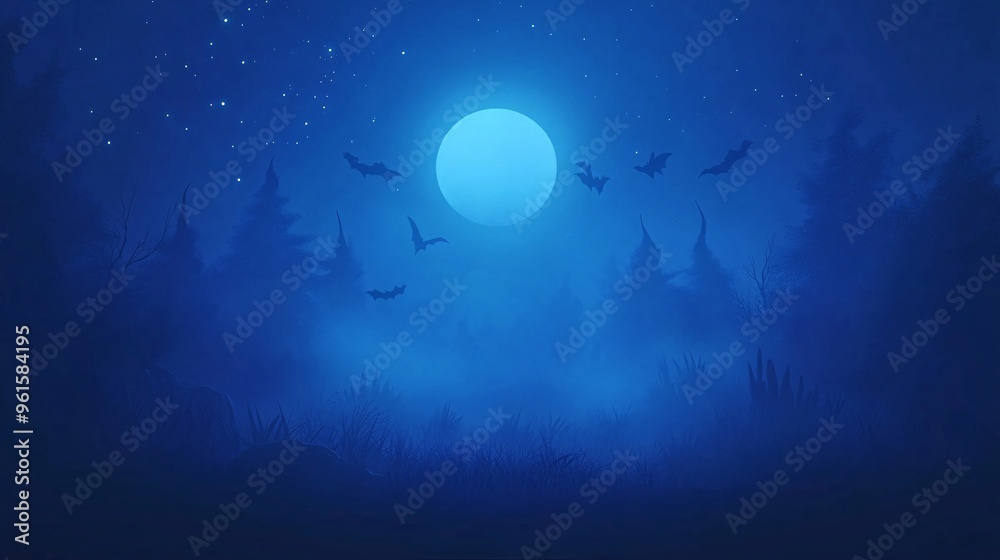 Eerie night scene with a full moon and bats flying through a misty, dark blue forest. Eerie night scene with a full moon and bats flying through a misty, dark blue forest.