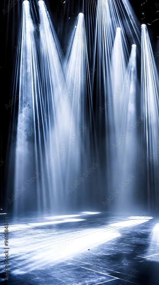 Stage with a cascade of light beams, vertical and diagonal, white and ...