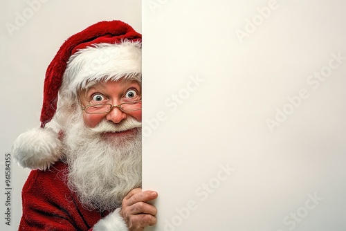 A playful image of Santa Claus peeking around a white wall,