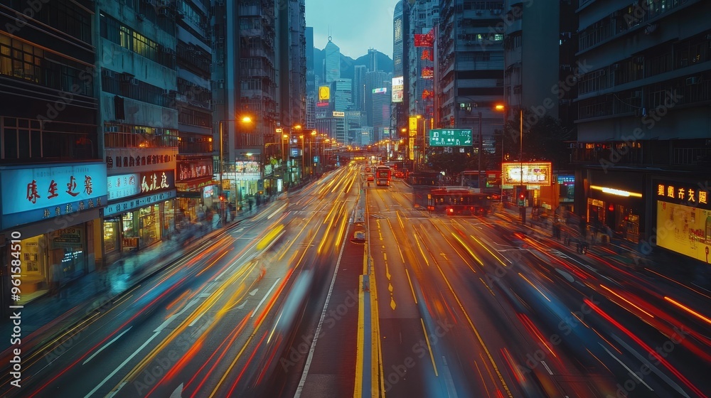 Blurry lights of bustling traffic in downtown Hong Kong, with Chinese road markings and city skyscrapers in the background. Blurry lights of bustling traffic in downtown Hong Kong, with Chinese road markings and city skyscrapers in the background.