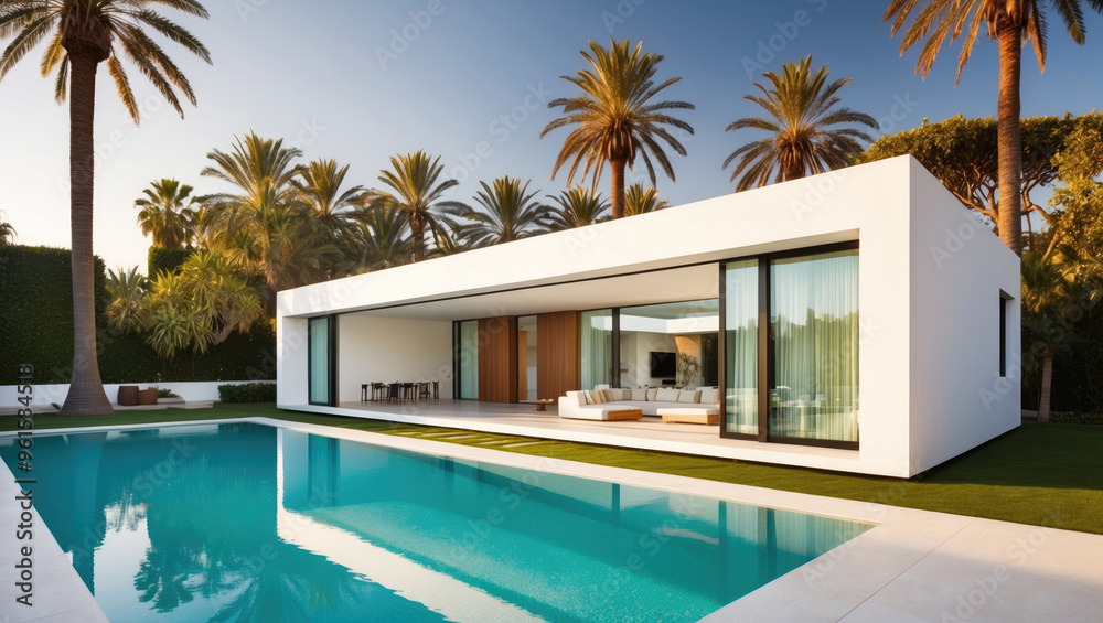 Fototapeta premium residential architecture exterior of a modern minimalist luxury cube house complete with swimming pool and palm trees