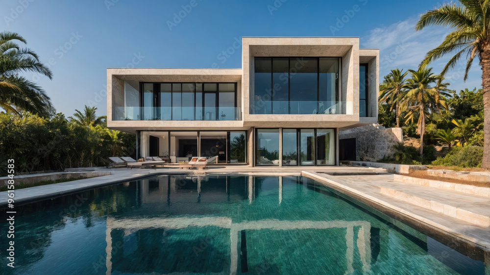Fototapeta premium residential architecture exterior of a modern minimalist luxury cube house complete with swimming pool and palm trees