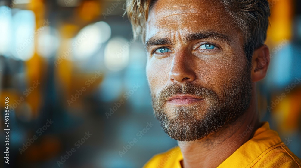 A close-up portrait of a man with blue eyes and a beard, wearing a yellow shirt, in a brightly lit, blurred background setting, Ideal for lifestyle, fashion, or corporate imagery,