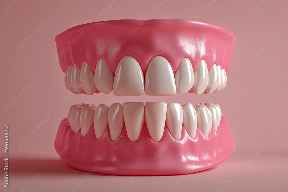A realistic 3D rendering of human teeth, displayed in an upper and lower jaw setup A realistic 3D rendering of human teeth, displayed in an upper and lower jaw setup