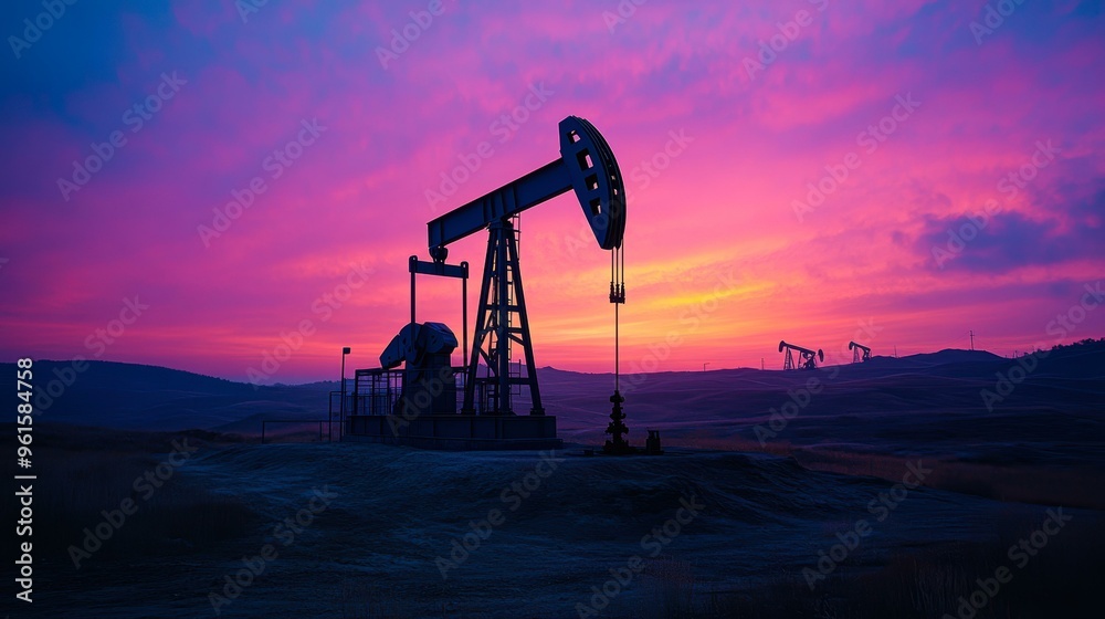 Silhouette of oil pump jacks at sunset in a vast landscape, ideal for illustrating topics in energy, petroleum industry, or environmental impact, Silhouette of oil pump jacks at sunset in a vast landscape, ideal for illustrating topics in energy, petroleum industry, or environmental impact,