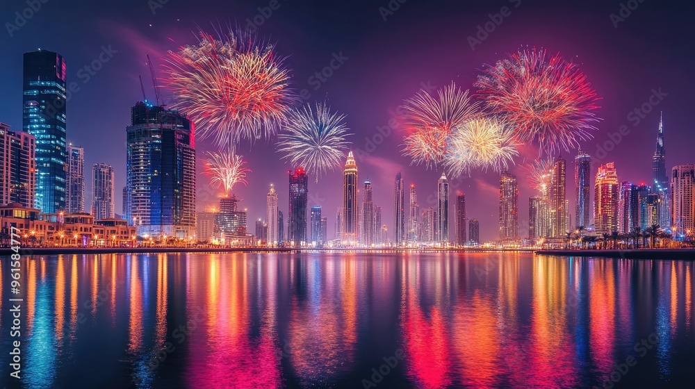 Obraz premium Bright fireworks burst over Festival City during Dubai National Day, their colors reflecting beautifully on the water below. -