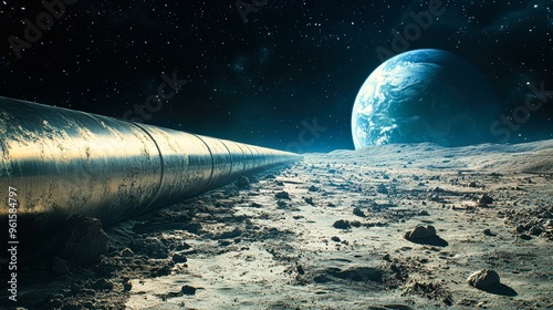 A long metallic pipe stretches across a desolate lunar landscape with Earth visible in the distance, suggesting a futuristic space project or energy infrastructure on the moon photo