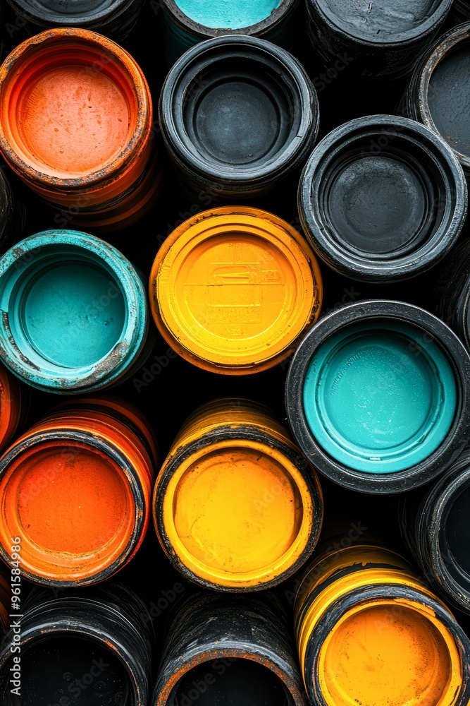 A vibrant assortment of paint cans in various colors arranged closely together, showcasing a mix of oranges, yellows, blues, and blacks ideal for promoting art supplies, DIY projects A vibrant assortment of paint cans in various colors arranged closely together, showcasing a mix of oranges, yellows, blues, and blacks ideal for promoting art supplies, DIY projects