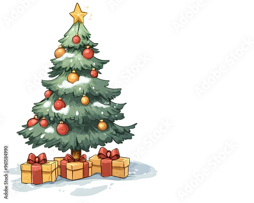 Christmas Tree with Gifts: A Festive Composition in Cartoon Style, Isolated on a Transparent PNG Background   