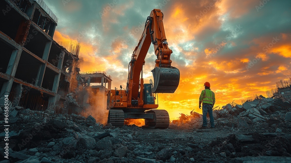 Demolition worker watching excavator Demolition worker watching excavator