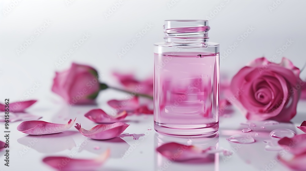 A container of rose water toner set on a white background with fresh rose petals A container of rose water toner set on a white background with fresh rose petals