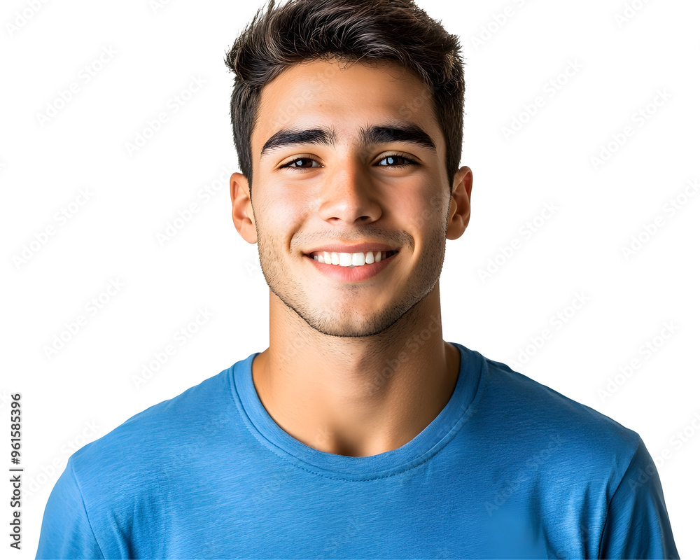 Close-Up Portrait of a Young Smiling Handsome Guy in a Blue T-Shirt, Radiating Warmth, Isolated on a Transparent PNG Background Close-Up Portrait of a Young Smiling Handsome Guy in a Blue T-Shirt, Radiating Warmth, Isolated on a Transparent PNG Background