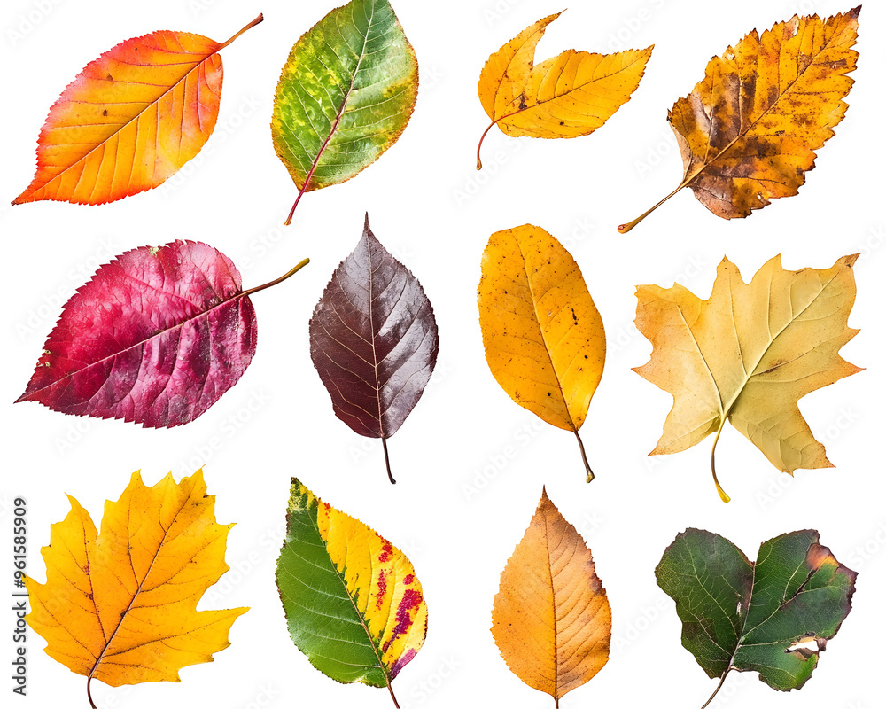 Obraz premium Collection of Multicolored Fallen Autumn Leaves, Isolated on a Transparent PNG Background 