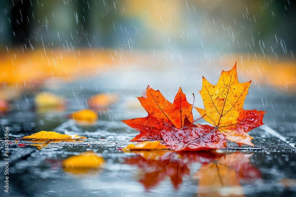 Autumn Leaves in the Rain on a Wet Pavement
