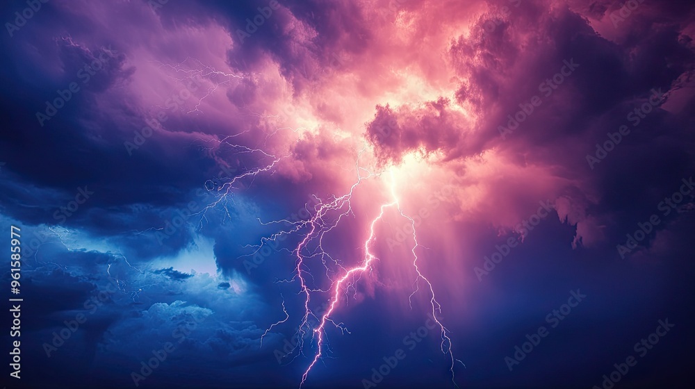 Fototapeta premium Cloud-to-ground lightning bolt striking during a heavy storm, with the intense light of the bolt illuminating the surrounding area.