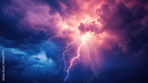 Cloud-to-ground lightning bolt striking during a heavy storm, with the intense light of the bolt illuminating the surrounding area.