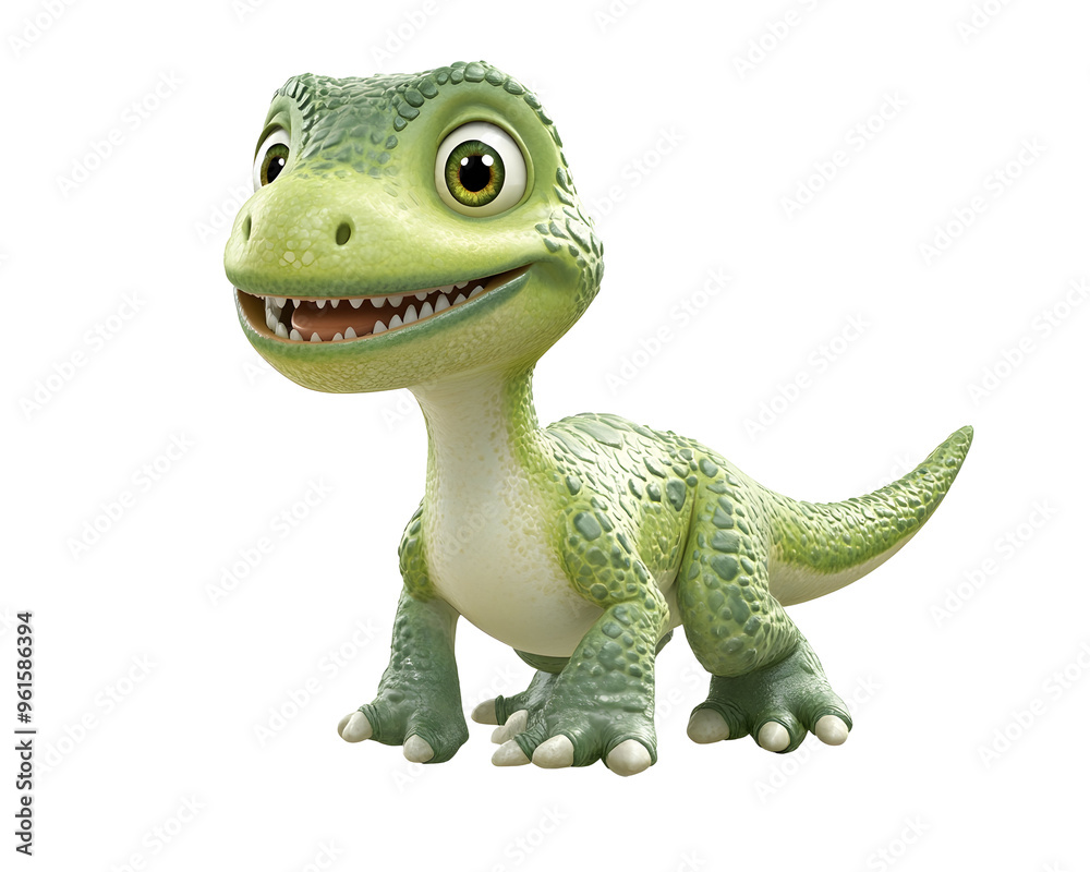 Obraz premium Cute Green Dinosaur Cartoon with a Playful Expression, Isolated on a Transparent PNG Background
