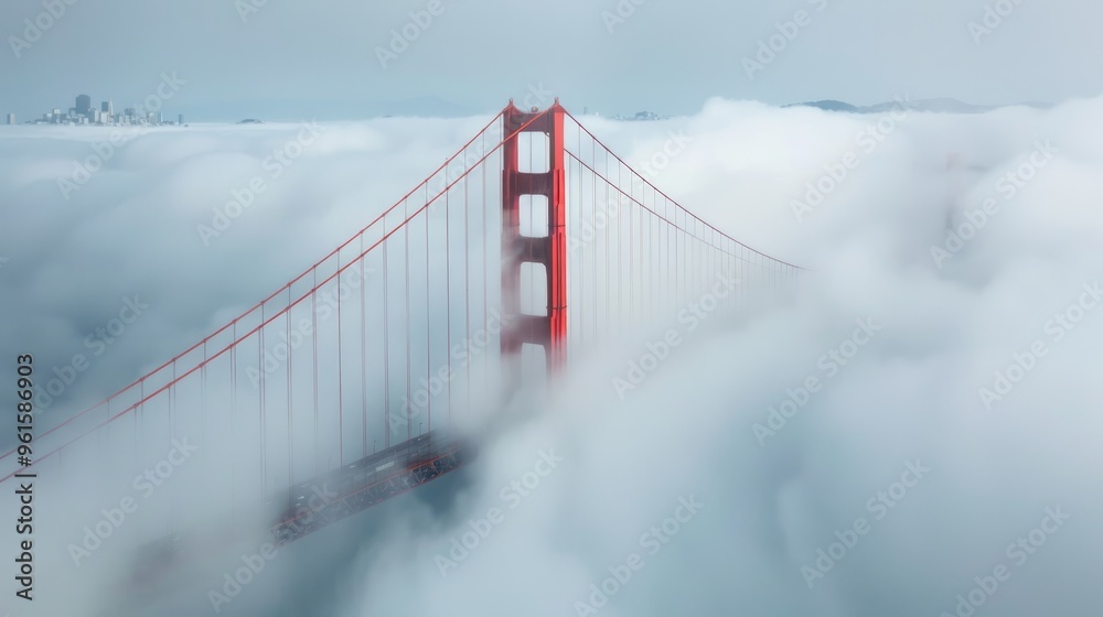 Fototapeta premium Aerial view of a bridge towering through thick clouds, creating a surreal and breathtaking scene.
