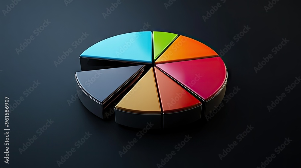 Fototapeta premium Detailed 3D pie chart with metallic textures, each segment separated slightly, dark background