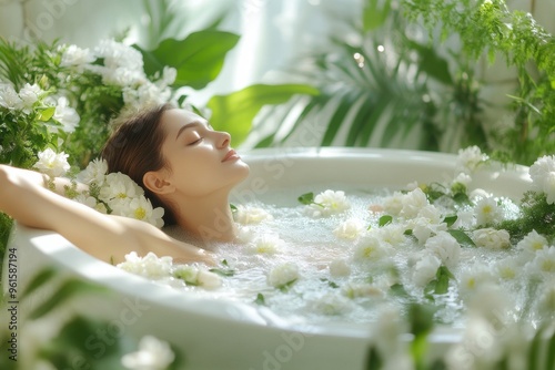 A serene bath experience where a woman is soaking in a flower-filled tub